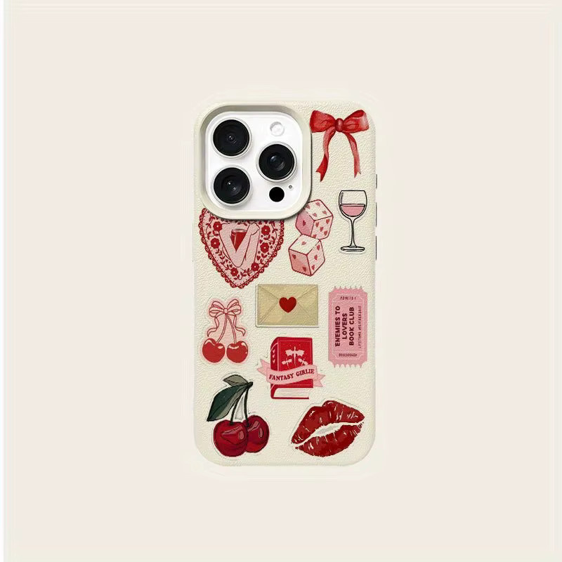 Handyhülle mit Collagen-Muster und Lychee-Struktur für Apple iPhone 17, 16, 15 Pro Max Plus Series in Rot und Beige - Bild 5