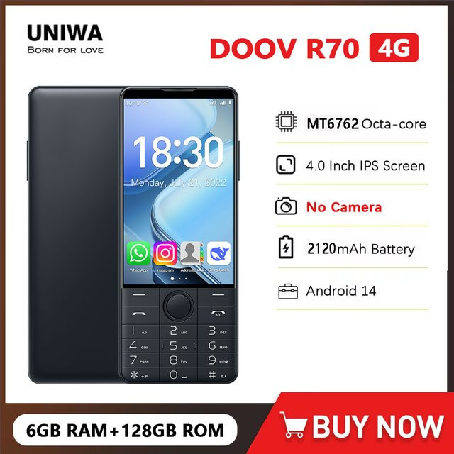 DOOV R70 4G Smart Touchscreen-Tastenhandy in Weiß mit 4,0 Zoll Display, 6GB RAM, 128GB Speicher, Android 14 und Hebräischer Tastatur ohne Kamera - Bild 1