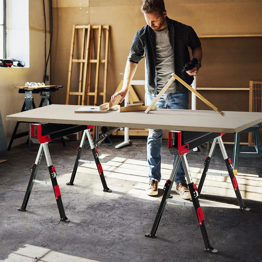 GOFLAME Arbeitsständer Set 2 Stück, höhenverstellbare Sägeböcke mit rutschfestem PVC-Oberteil, rot-schwarz, maximale Belastbarkeit 1180 kg - Bild 3