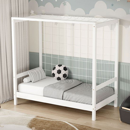 ML-Design Kinderbett Fußballtor aus Massivholz mit Lattenrost und Tornetz in Weiß und Beige, B/T/H: 140 x 70 x 76 cm - Bild 1