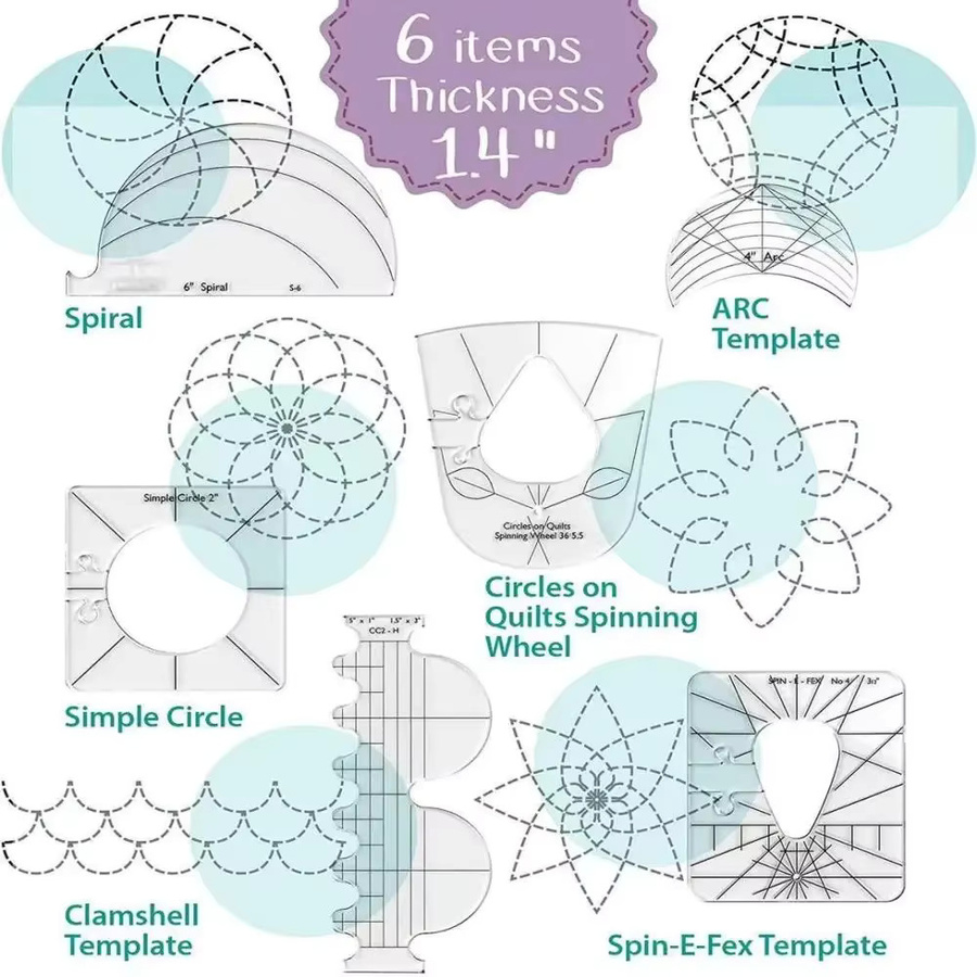 6-teiliges Set Quilten Lineal Set aus Acryl als Free Motion Vorlage für Patchwork und Nähmaschinen-Handwerk, transparent - Bild 2
