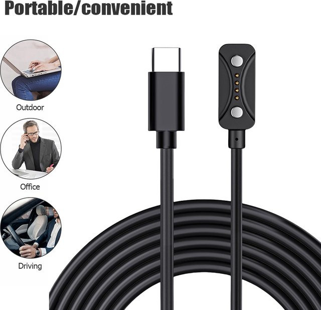 VODOOL USB-C-Ladekabel in Schwarz für Polar Vantage M3, Polar Vantage V3, Polar Ignite 3 und Grit X2 Pro, Länge: 1 m - Bild 1