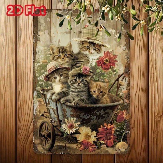 Vintage Wandkunstschild aus Metall von CIFBUY mit Hatted Cats und Blumenmuster zur rustikalen Heimdekoration - Bild 1