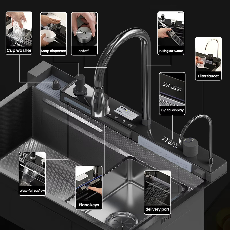 DWiusty Edelstahl-Küchenspüle in Silber mit Armatur, Digitalanzeige, großem Einzelbecken und Wasserfall-Regenfunktion sowie 5-Funktionen-System - Bild 3