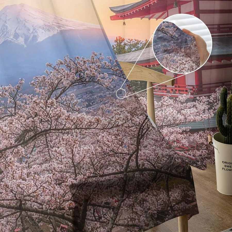 Yiran Furniture Transparente Vorhänge Japan Berg Fuji Kirschblüte aus Tüll Organza und Voile, B: 135 cm, H: 115 cm - Bild 2