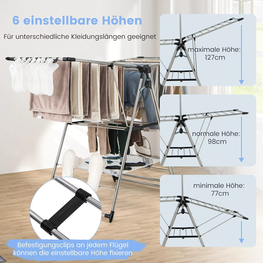 GOFLAME Faltbarer Wäscheständer aus Metall in Silber, ausziehbarer Stehtrockner mit Flügeln und Schuhregal, Höhe: 108 cm, Breite: 67,5 cm - Bild 3