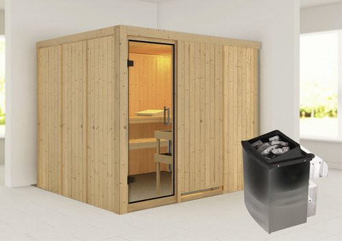 Karibu Sauna Jöhvi aus Fichtenholz in Beige inklusive 9 kW Saunaofen mit integrierter Steuerung für 4 Personen, B/T/H: 231 x 196 x 198 cm - Bild 1