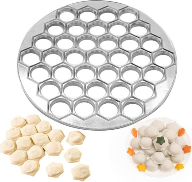 FSMHOME Teigpresse aus Metall für Knödel und Ravioli in Silber, runde Form mit 37 Löchern, Durchmesser: 25,0 cm - Bild 1