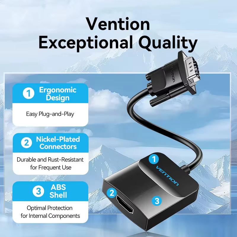 Vention VGA zu HDMI Adapter mit Audio-Unterstützung 1080P in Schwarz für PC und Laptop zu HDTV oder Projektor, 1m - Bild 2