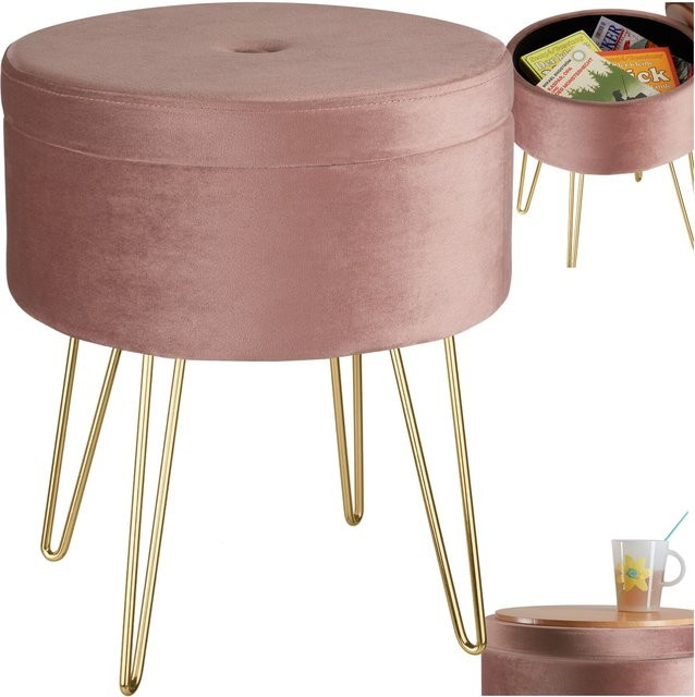 tectake Sitzhocker Ava mit Stauraum, rund, gepolstert in Samtoptik, Rosa, B/T/H: 37,5 x 37,5 x 44,5 cm - Bild 1