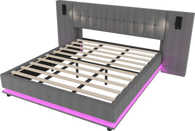 okwish Polsterbett Grau mit LED-Beleuchtung, USB-Anschluss und integriertem Leselicht, B/T/H: 180 x 200 x 103 cm - Bild 1