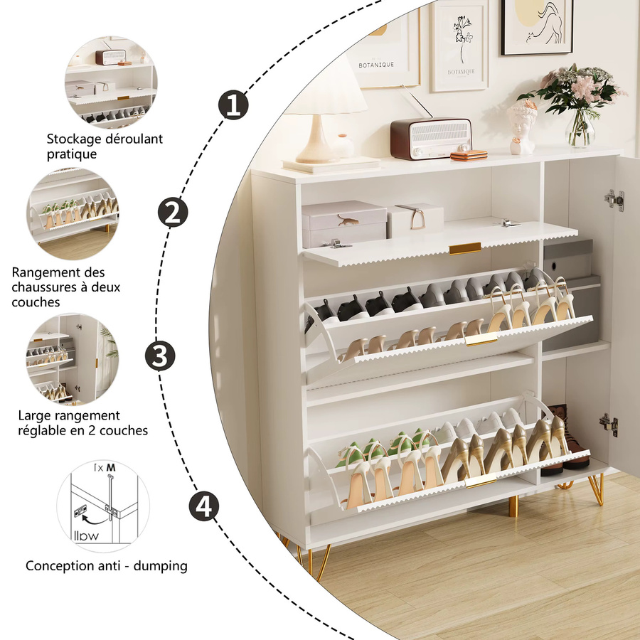 Comanlai Schuhschrank Modern in Weiß mit Klappen und einer Tür für Flur, Wohnzimmer oder Schlafzimmer - Bild 3