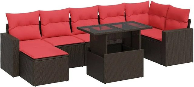vidaXL 8-tlg Garten-Sofagarnitur in L-Form aus braunem Poly-Rattan und Akazie mit UV-beständigen Kissen - Bild 1