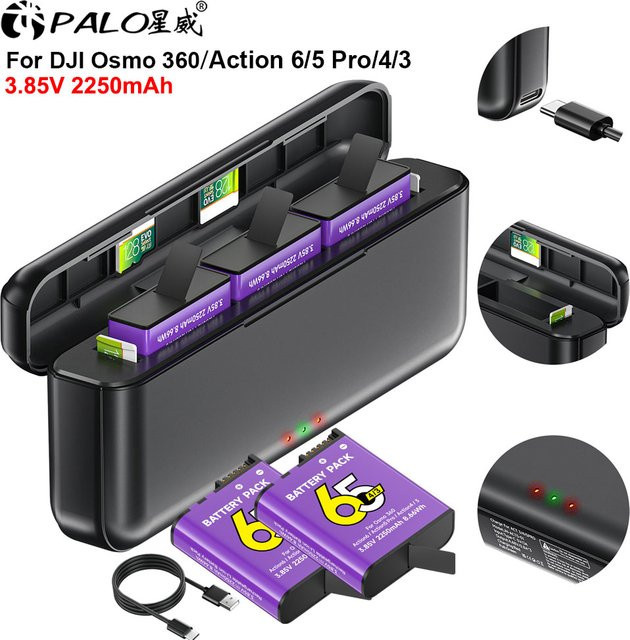 DJI Akku mit 2250mAh und 3-Slot-Schnellladegerät für Osmo Action 6, Action 5 Pro und Osmo Action 4/3 in Schwarz - Bild 1