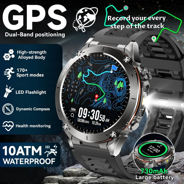 GUHUAVMI Y-101 GPS-Sport-Smartwatch in Silber und Orange mit Dualband-GNSS-Kompass, Höhenmesser und 10 ATM Wasserdichtigkeit in Militärqualität - Bild 1