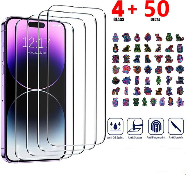 4 Stück Panzerglas Vollabdeckung für iPhone 16 Pro Max und iPhone 16 Plus inklusive 50 Neon-Aufkleber, transparent - Bild 1