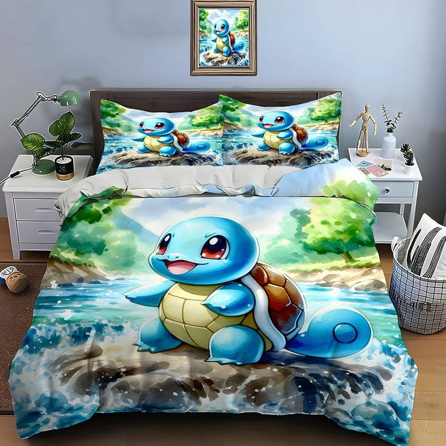 Pokemon Schiggy Print Bettwäsche Set 3-teilig mit Bettdecke und Kissenbezug B/H: 150 x 200 cm - Bild 1
