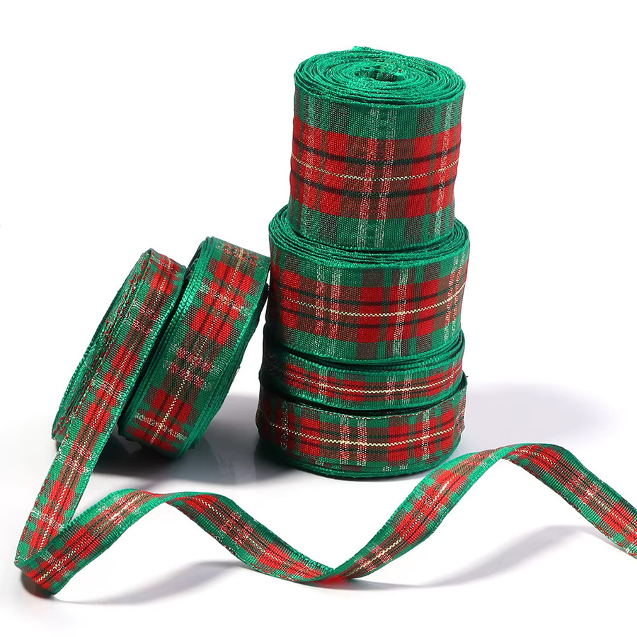 Klassisches kariertes Weihnachtsband aus Polyester in Rot und Grün für deine Geschenkverpackung und DIY-Handarbeiten - Bild 5