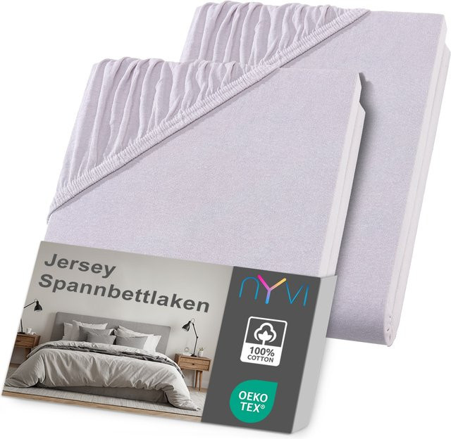 NYVI DreamScience Jersey Spannbettlaken 2er Pack, Silber, B/T: 120 x 200 cm, für Matratzen bis 22 cm Höhe, bügelfrei und weich - Bild 1