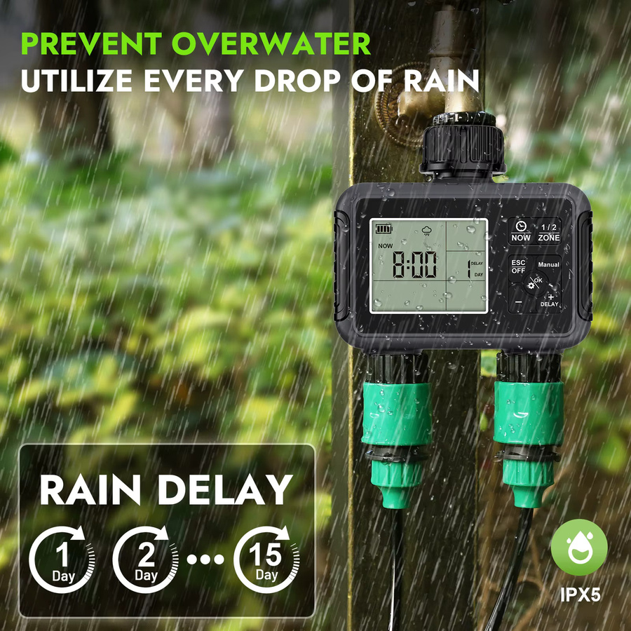 TNCE 1/2-Wege-Wassertimer für Gartenschläuche, programmierbarer Sprinkler-Timer mit Einzel- oder Doppelausgang in Schwarz - Bild 2