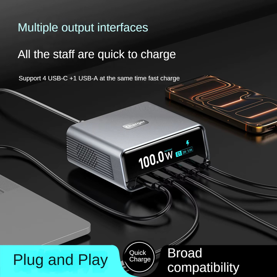Deepartner 100W GaN Smart Multi-Port Desktop-Ladegerät mit 5 Ports (4x USB-C, 1x USB-A) für schnelles Laden von Handys und Tablets - Bild 3
