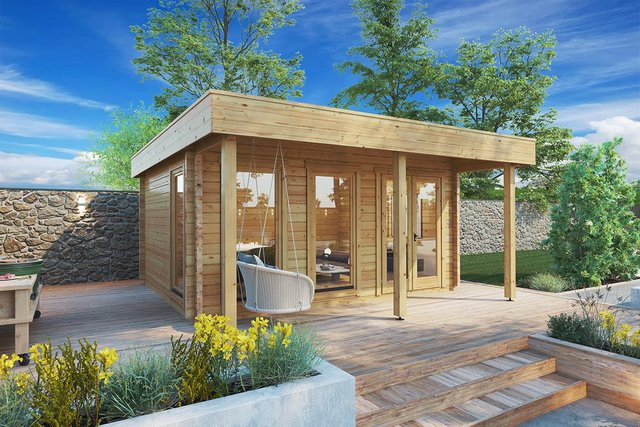 Modernes Gartenhaus Ian E mit Vordach aus Holz, 5 x 4 m - Bild 1