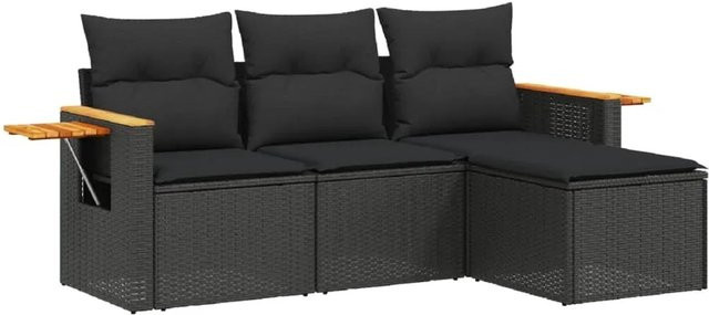 vidaXL 4-tlg Garten-Sofagarnitur aus Polyrattan in Schwarz mit Kissen und Fußhocker - Bild 1