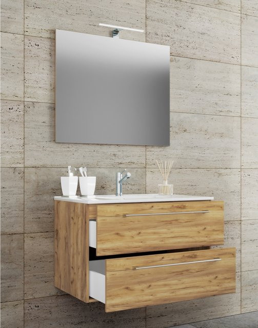 VCM Badmöbel Set Badinos 3-teilig hängend mit Waschtisch aus Keramik, Unterschrank mit einer Schublade und Spiegel aus ESG-Sicherheitsglas, Breite: 60 cm - Bild 1