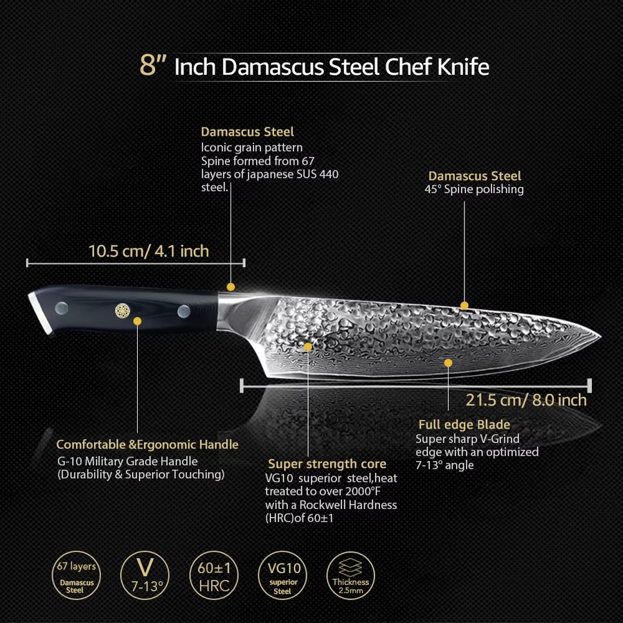 MYVIT Chefmesser aus 67-lagigem Damaststahl mit schwarzem G10-Griff, 8 Zoll (20,32 cm) - Bild 3