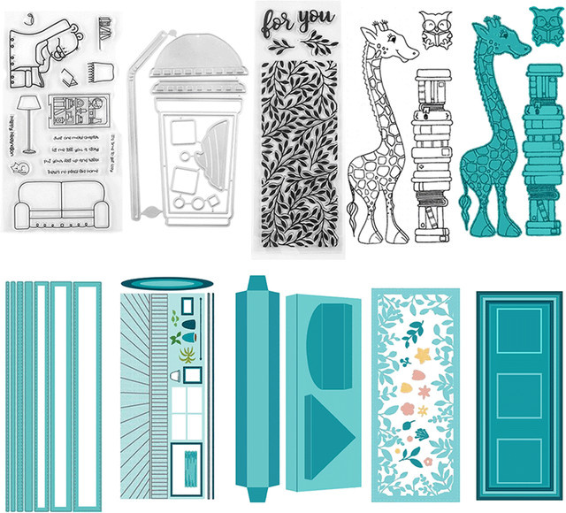 Transparente Stempel und Metall-Stanzformen mit Eule, Giraffe und Kaffeetasse für DIY-Bastelarbeiten, Scrapbooking und Dekoration in Multicolour - Bild 1