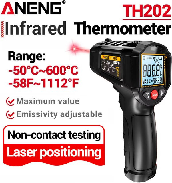 ANENG Infrarot-Thermometer TH202 Digitales Laser-Temperaturmessgerät mit LCD-Display in Schwarz-Rot für Messbereiche von -50 bis 600 ℃ - Bild 1