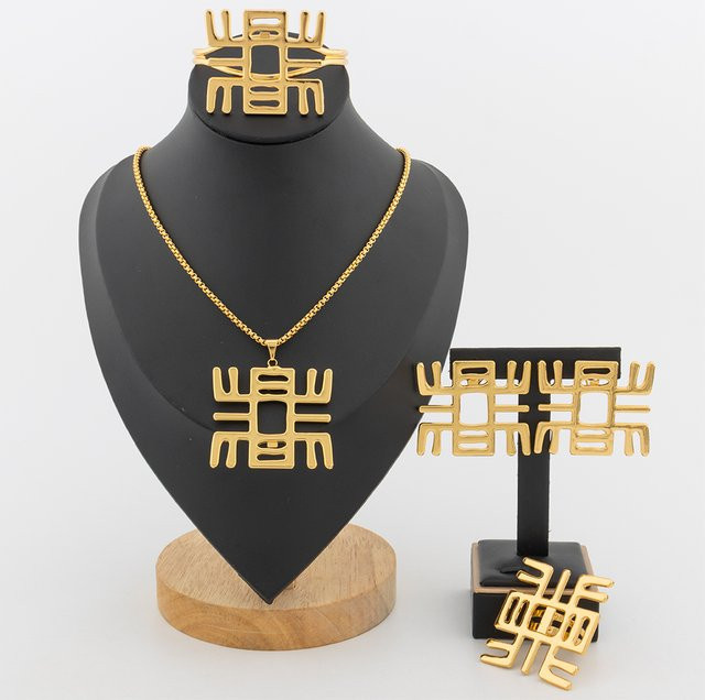 YM Schmuck-Set, Goldfarbe, Halskette, Ohrringe, Armreif, Ring, Damen - Bild 1