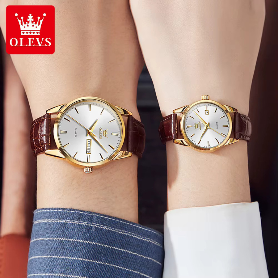 OLEVS Armbanduhr, Quarz, Leder, Gold, Weiß, Unisex - Bild 3