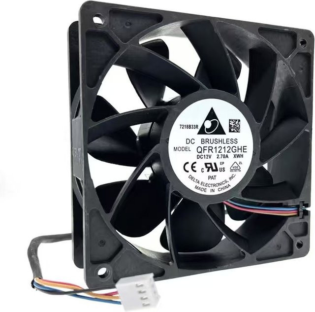 Delta QFR1212GHE Hochgeschwindigkeits-Lüfter für Bitcoin-GPU-Miner, Schwarz, B/T/H: 120 x 120 x 38 mm, DC 12 V, 6000 U/min, Doppelkugellager, PWM 4P - Bild 1