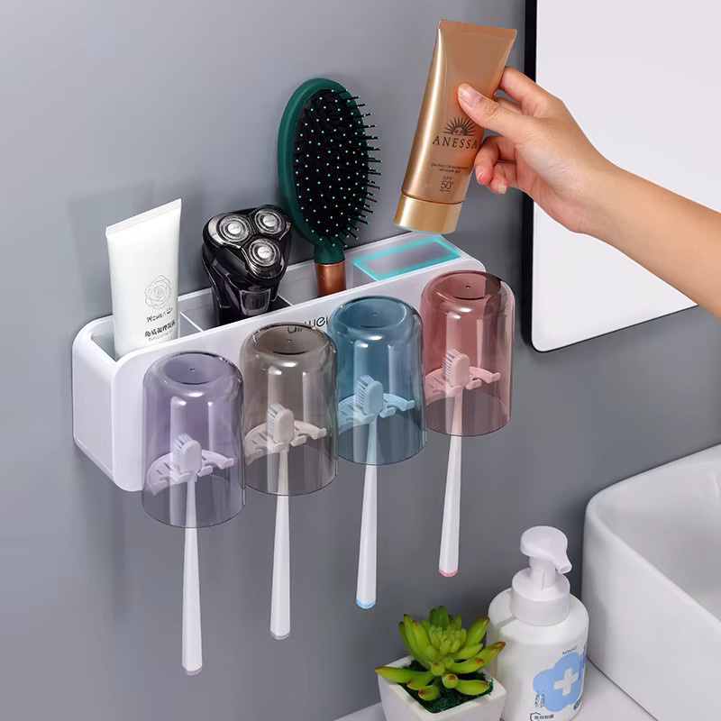 Multifunktionales Set aus Zahnbürstenhalter, Becherhalter und Zahnpastaspender in Weiß zur Wandmontage - Bild 2