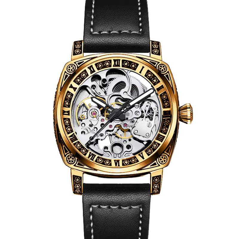 CAROTIF Armbanduhr, mechanisch, Messing Gold, weißes Zifferblatt, Lederarmband Schwarz, Herren - Bild 7