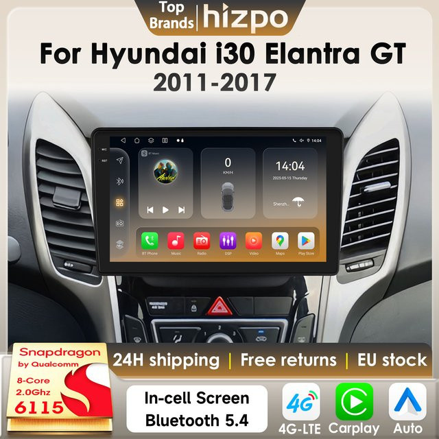Hizpo Android 14 Autoradio mit 360 Kamera, Qualcomm Snapdragon 6115, CarPlay, GPS, DSP und Bluetooth 5.4 für Hyundai I30 und Elantra GT (2011-2017), Schwarz - Bild 1