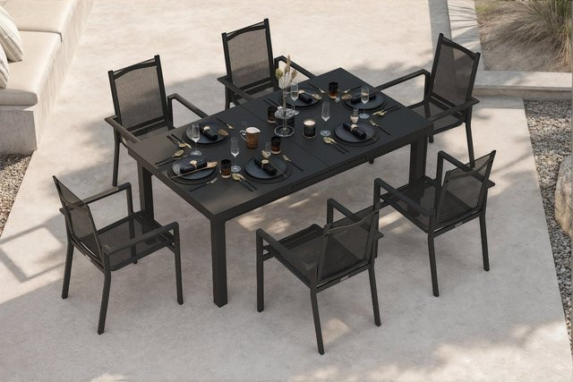 OUTFLEXX Premium Garten-Essgruppe aus Aluminium und Textilene in Anthrazit mit ausziehbarem Tisch und 6 Stapelsesseln, Tisch B: 180 bis 240 cm, T: 100 cm, H: 76 cm - Bild 1