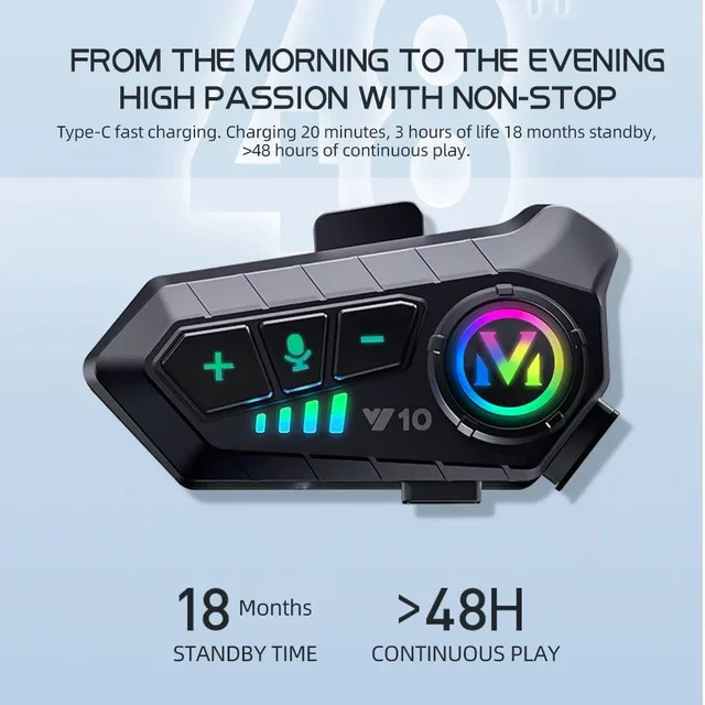 Kebidumei Y10 Motorradhelm-Headset mit Bluetooth 5.3, Stereo-Sprachsteuerung, Freisprechfunktion, IPX6 wasserdicht und Umgebungslicht in Schwarz - Bild 1