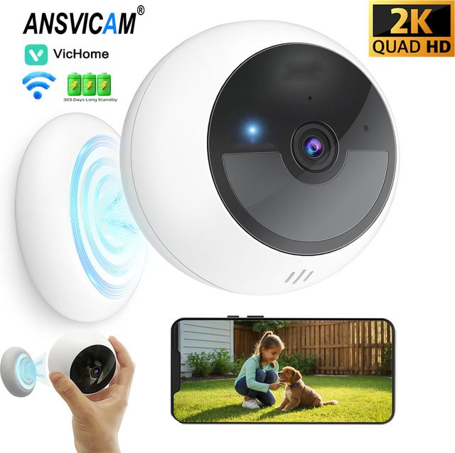 ANSVICAM 2K kabellose IP-Kamera mit 5 MP, magnetische Außen- und Innenkamera mit intelligenter Bewegungserkennung in Weiß - Bild 1