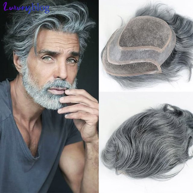 Graue Herrenhaar-Kapillarprothese, 100 % Echthaar-Toupet, gewellt - Bild 1