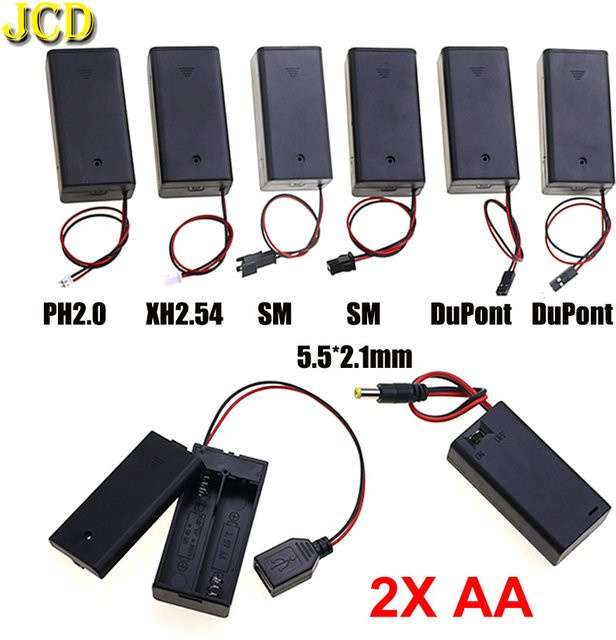 JCD AA-Batteriekasten mit 2 Batteriefächern und Schalter, Schwarz, mit USB-C, PH2.0, XH2.54 Dupont und SM Anschluss sowie DC 5,5 x 2,1 mm Stecker - Bild 1