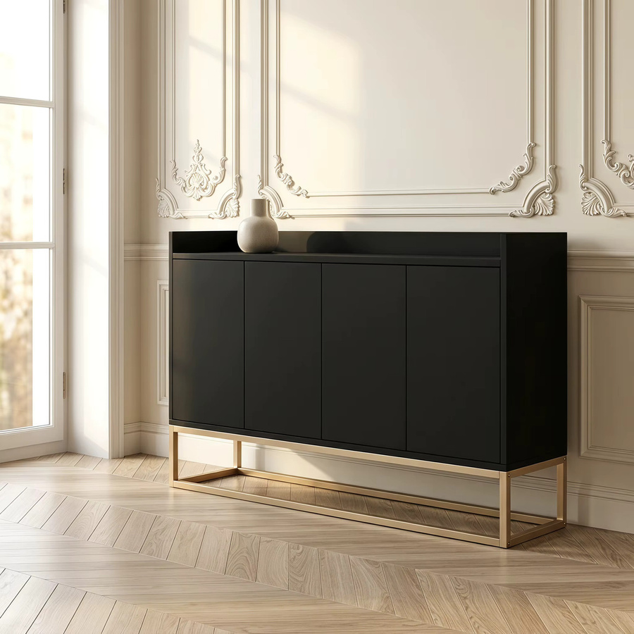 WoodenAura Niedriger Buffetschrank in Schwarz mit 4 Türen und Metallfüßen, moderner Küchenschrank mit verstellbaren Einlegeböden, B: 80 cm, T: 30 cm - Bild 5