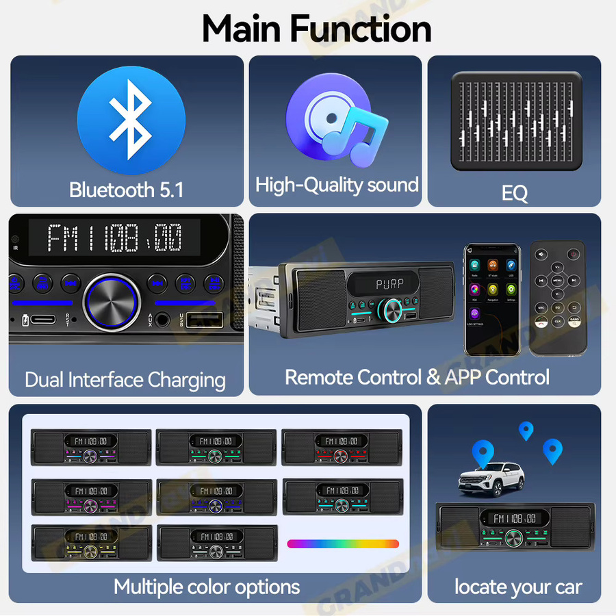 Grandnavi Auto-MP3-Radio-Player mit Bluetooth, USB und AUX in Schwarz - Bild 2