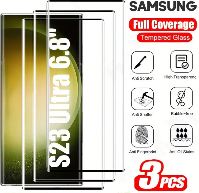 3er-Pack Displayschutzfolie aus gehärtetem Glas für Samsung Galaxy S24 Ultra, S23, S22 und S21, gebogene Vollabdeckung, transparent, Anti-Fingerabdruck-Effekt - Bild 1