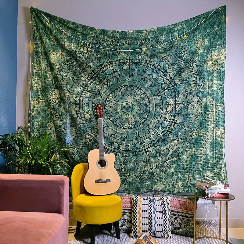 VIKAMA Wandteppich in Grün mit Boho-Mandala-Design im Retro-Stil, Rechteckig, Breite: 75 cm, Höhe: 58 cm - Bild 2