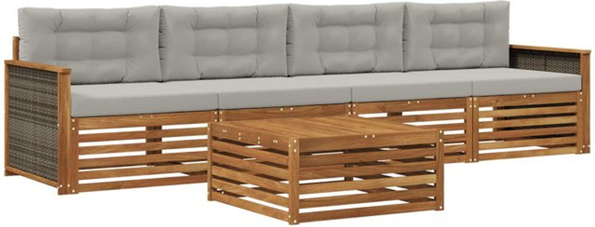 vidaXL Outdoor-Sofagarnitur aus Akazie mit Kissen, 5-teiliges Loungemöbel-Set in Natur und Grau - Bild 1