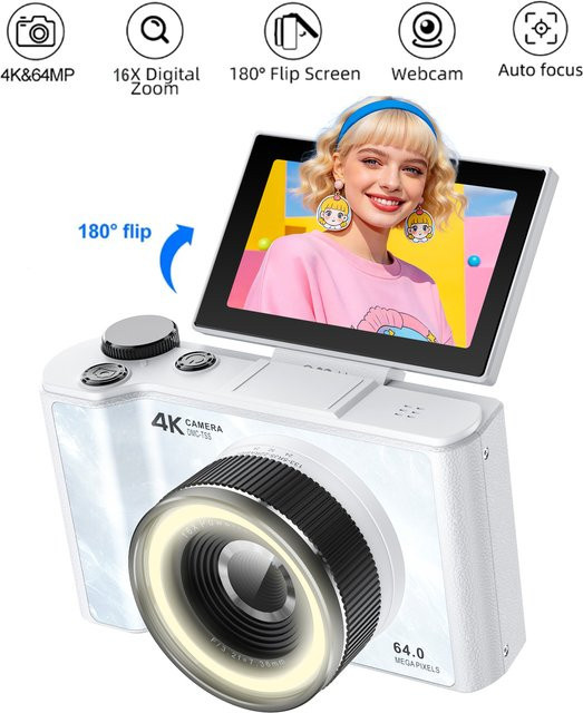 W&O Kompakte Digitalkamera in Schwarz mit 4K, 16X Digitalzoom und 180° Flip-Screen für Vlogging und YouTube inklusive 32GB Speicherkarte - Bild 1