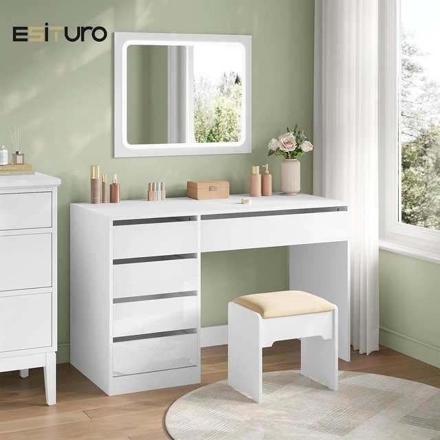 ESituro Schreibtisch mit 5 Schubladen in Weiß, moderner Computertisch mit großem Stauraum für Büro und Schlafzimmer, B/T/H: 120 x 55 x 75 cm - Bild 1
