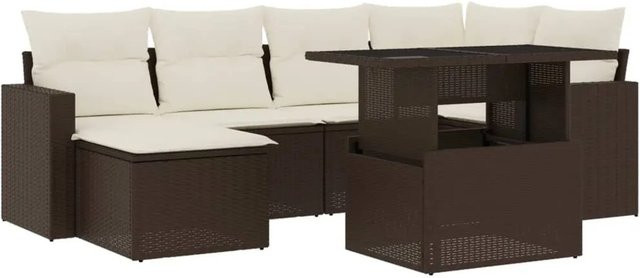 vidaXL 7-teilige Garten-Sofagarnitur in L-Form aus braunem Poly-Rattan mit cremeweißen Kissen und pulverbeschichtetem Stahlgestell - Bild 1